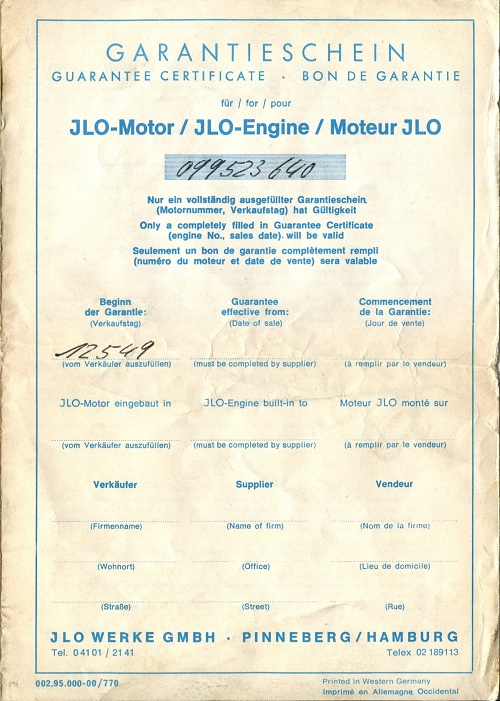 Der Garantieschein zum Ilo-Motor der frühen H4